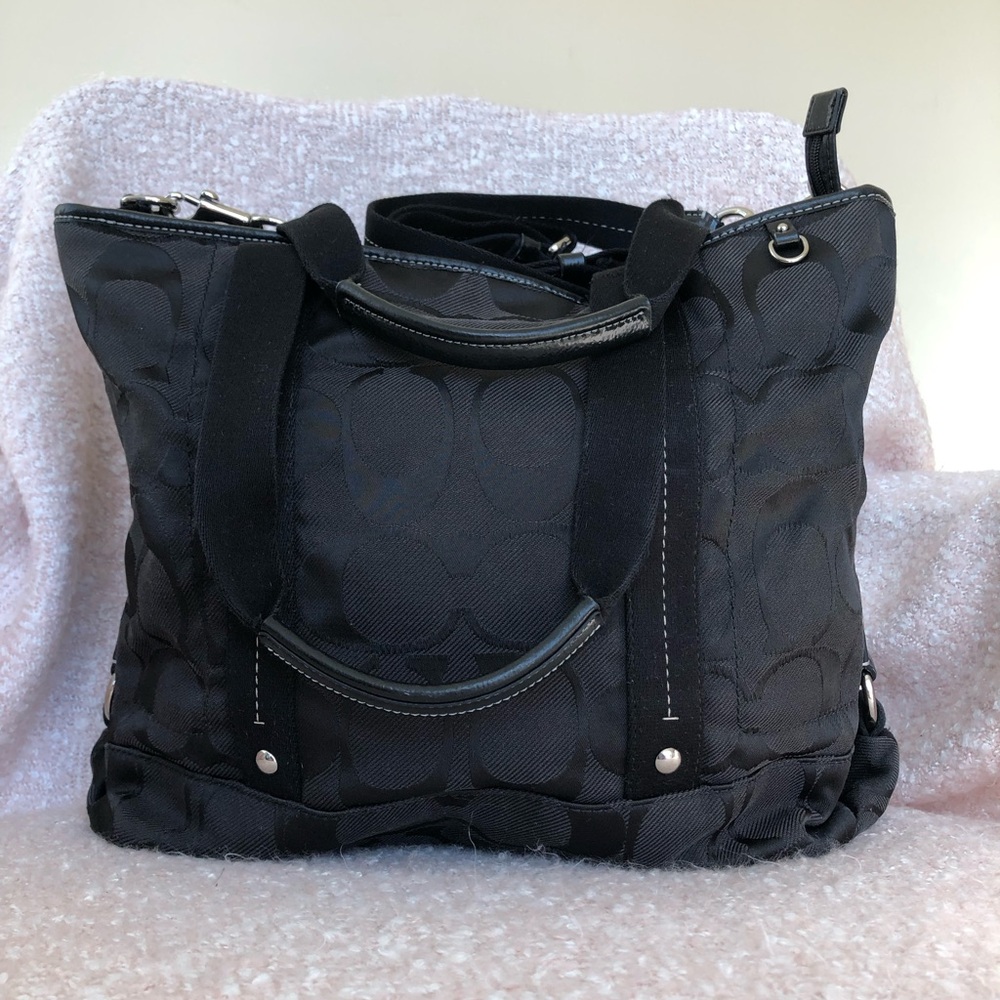 Coach Black Signature Jacquard Tote with Leather Trim